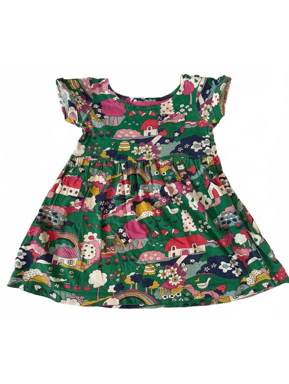 Mini Boden Girls 2-3Y 98cm Green Fairytale Village Print Jersey Dress 2020